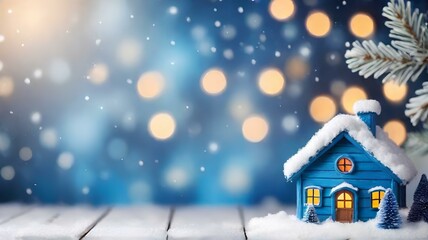 メリークリスマスと新年あけましておめでとうございますのコンセプト、キラキラのイルミネーション背景、雪の積もった小さな青い家｜Merry Christmas and Happy New Year concept. Glitter illumination background. A small blue house covered in snow. Generative AI