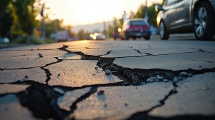 The texture of cracked old asphalt in need of repair. The road is full of holes