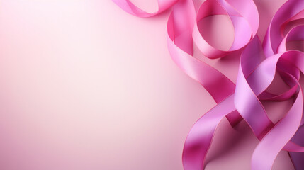 Pink ribbon over pink background. Design creative for women health care, breast cancer awareness, Mother's day, Valentine day. Concept design for ad, social media, web, cover, flyers. Generative AI - obrazy, fototapety, plakaty