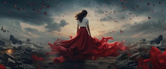 AI generated illustration of a woman in a red dress against a stormy sky
