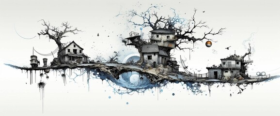 AI generated illustration of a watercolor painting eerie trees and buildings