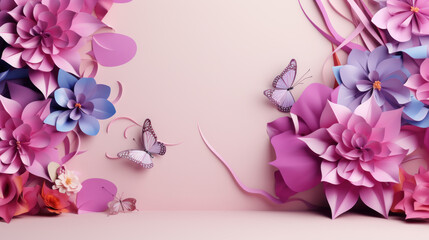 Flower with butterfly and decoration. Design for International Women's Day, breast cancer awareness, Mother's day, Valentine's Day. Concept design for ad, social media, flyer. Generative AI