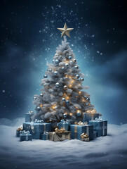 christmas tree glowing at night with presents, in the style of dark sky-blue and light white