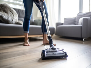 Daily activities in cleaning a room using a simple and modern vacuum cleaner make the room clean