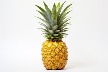 Photo of a tropical pineapple with its distinctive crown on a pristine white backdrop. Generative AI