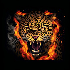 leopard  face illustration with fire look on a black background  predators, a symbol of strength