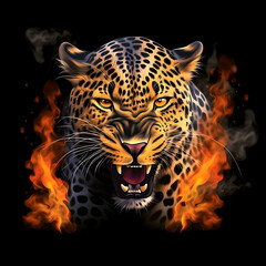 illustration of a leopard Close up face with fire on dark background