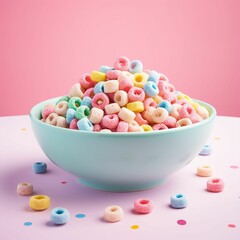 AI generated illustration of a blue bowl of colorful cereal  on a pink background
