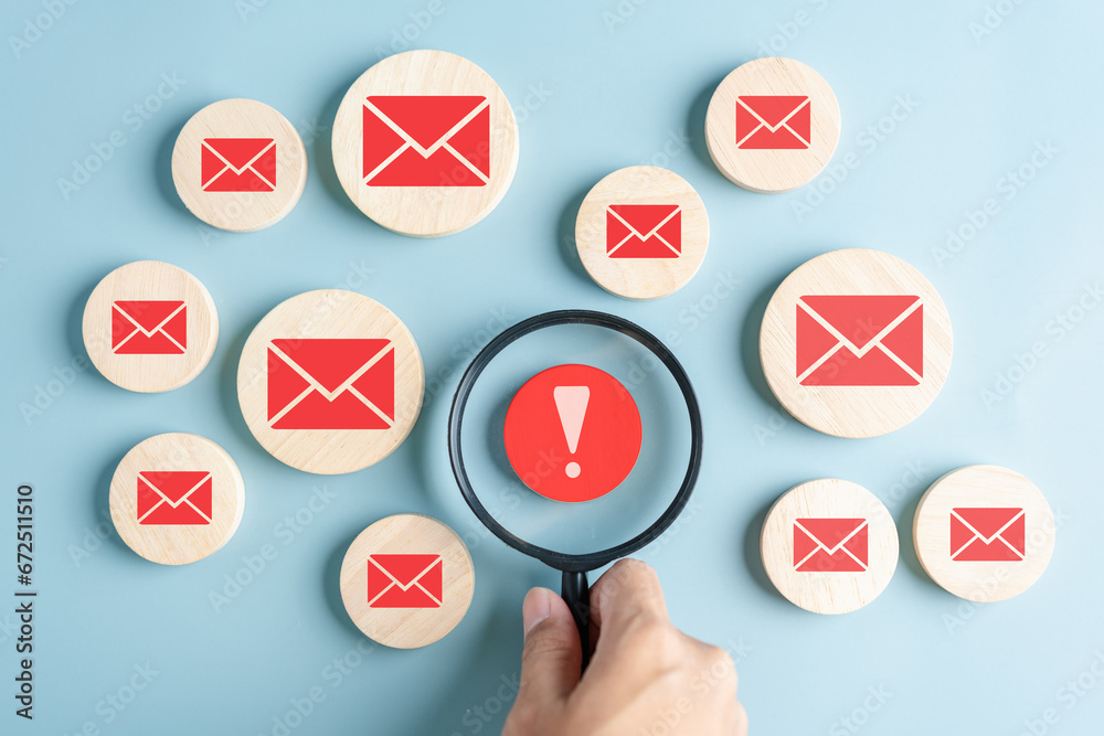 Poster Alert Email inbox and spam virus with warning caution for notification on internet letter security protect, junk and trash mail and compromised information.