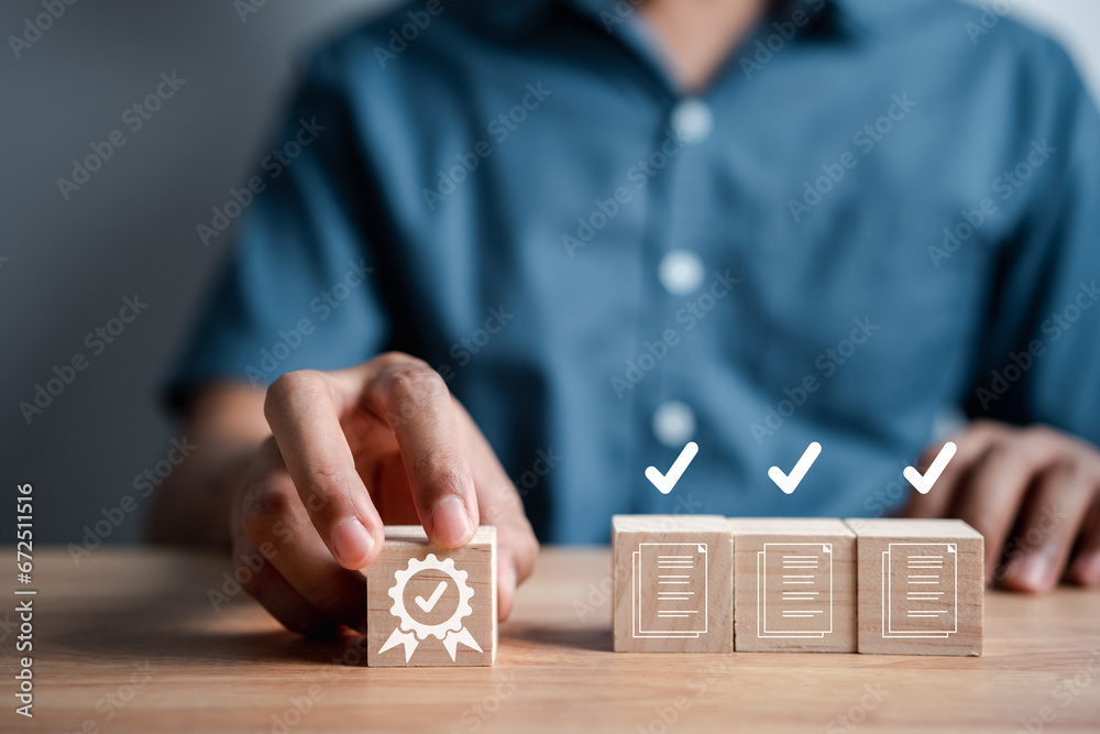 Fototapete Quality Certificate and Checklist document analyst target marketing planning assignment with quality management. Standardization, certification. Compliance to regulations service and standards.