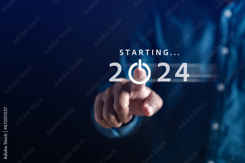Poster Starting New year with ambition 2024 and countdown merry christmas and happy new year, Planning and challenge strategy in new year 2024 Concept.
