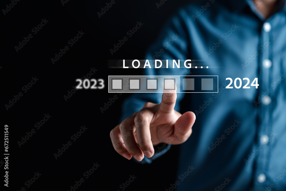 Poster Loading progress from 2023 to 2024 to countdown merry christmas and happy new year, Planning and challenge strategy in new year 2024 Concept.