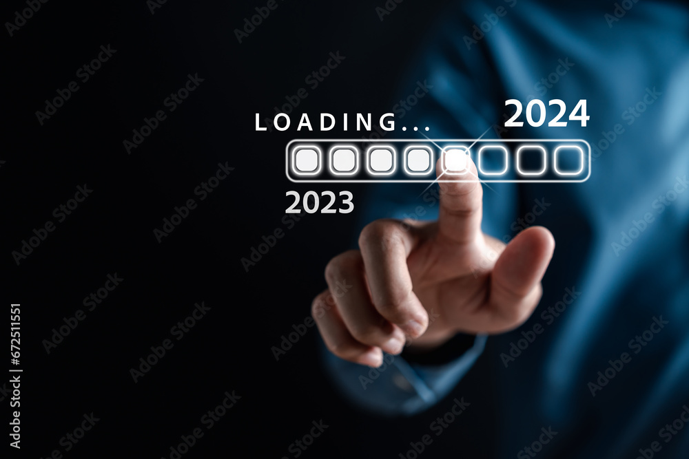 Poster Loading progress from 2023 to 2024 to countdown merry christmas and happy new year, Planning and challenge strategy in new year 2024 Concept.