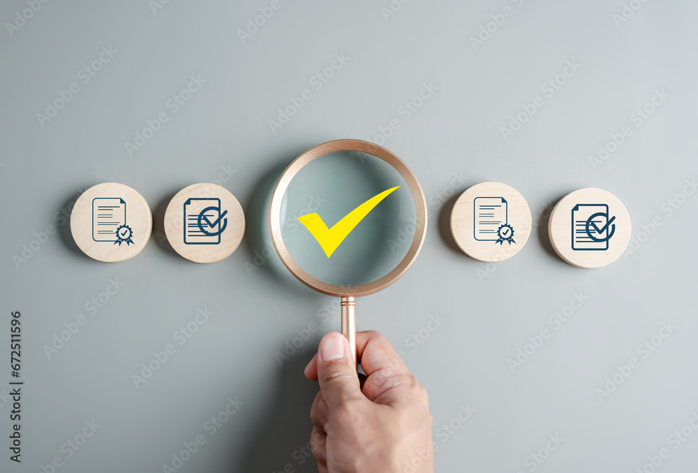 Aufkleber Assessment for certificate good quality product, digital improvement QC and QA iso, Standard check quality control concept...