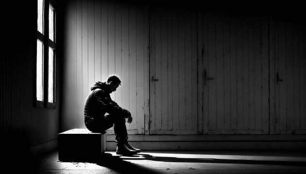 AI-generated illustration of a lonely man sitting on a bench in the shade of a window.
