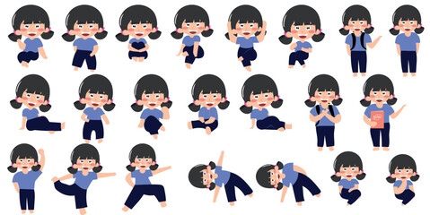 set of kids girl cartoon variant gesture activity. vector illustration of children doing different fun activities 