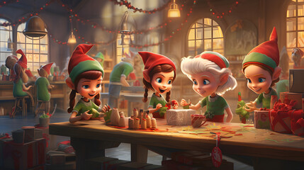 Christmas elves making toys in the workshop - obrazy, fototapety, plakaty