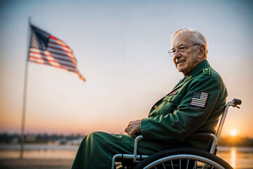 veteran of the American Army, He appeared pleased with the accomplishment of his military duty while seated in a wheelchair. alongside the flying American flag as a background. - obrazy, fototapety, plakaty