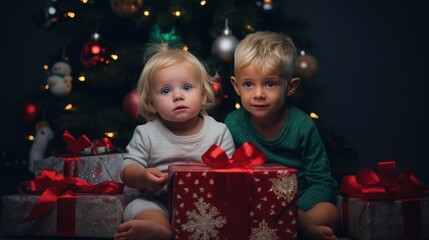 Fototapeta na wymiar Happy child in cozy festive Christmas vibe. Christmas background with baby