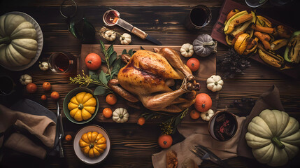 Top view of traditional Thankgiving turkey dinner with turkey chicken,pumpkin pie ,maple leaves, and decorations on dark wood banner background with copy space.