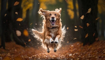 AI-generated illustration of a golden retriever pup leaps against a backdrop of lush greenery. - obrazy, fototapety, plakaty