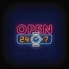 Neon Sign open 24 7 with brick wall background vector