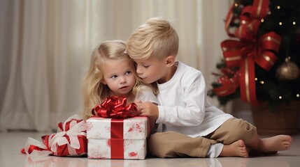 Obraz na płótnie Canvas Happy child in cozy festive Christmas vibe. Christmas background with baby