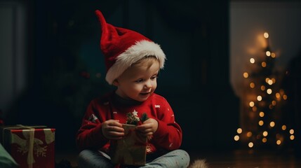 Happy child in cozy festive Christmas vibe. Christmas background with baby little boy
