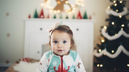 Happy child in cozy festive Christmas vibe. Christmas background with baby