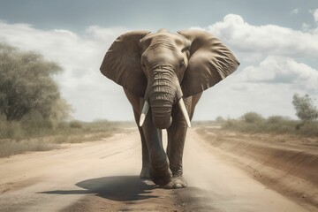 Fototapeta na wymiar a large elephant walking down a dirt road near trees and bushes