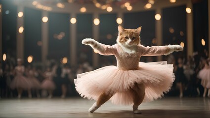 A graceful ballerina cat is twirling on stage, adorned in a tutu and ballet slippers, captivating the audience with her elegant dance moves.Generative AI - obrazy, fototapety, plakaty