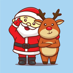 cute santa claus pose with reindeer christmas cartoon vector illustration