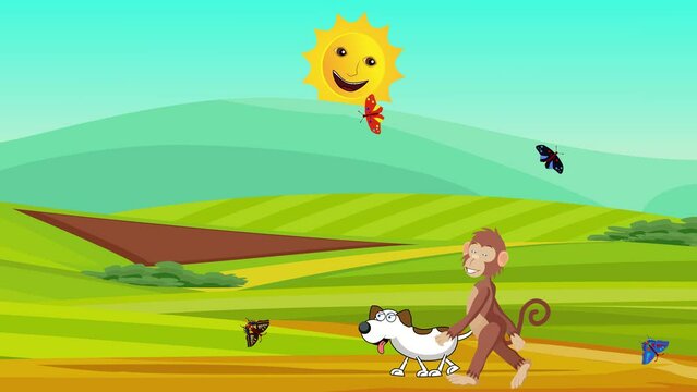 Monkey and  dog walking in the nature landscape animation cartoon