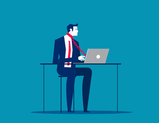 Business employee tied with chain to computer in office. Business job vector illustration