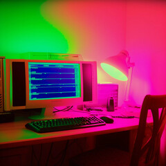 Retro computer desktop with neon-lit light background.Nostalgia Y2K retro style.