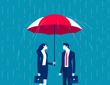 Leader cover from rain with partner show help. Business assistance vector illustration
