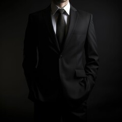 AI generated illustration of a male standing confidently in a tailored grey suit and black tie