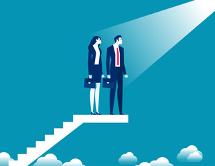 Partner teammates standing together on ladder looking in one direction feeling successful. Business team vector concept