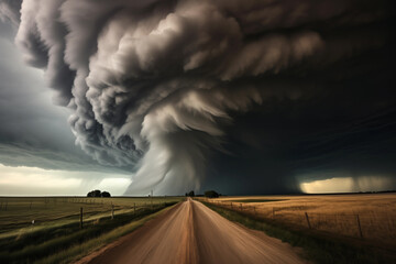 extreme weather conditions. stormy clouds forming a tornado over the land. severe storm