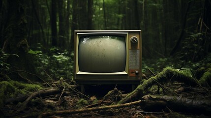 AI generated illustration of a vintage television in a lush forest - obrazy, fototapety, plakaty