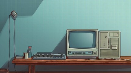 AI generated illustration of a vintage computer on the table against a blue wall