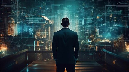 Fototapeta premium AI-generated illustration of A male standing in the middle of a dimly lit room, surveying the graphs