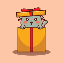 cute cat inside christmas gift box christmas cartoon vector illustration