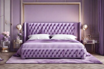 pastel purple luxury bed,  side table , in the bedroom, attractive looks,