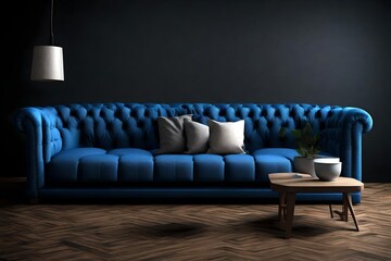 a blue sofa, mini table, against black background, attractive scene,