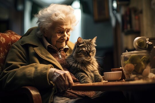 An elderly woman sits in her modestly furnished evening apartment at the table, accompanied by her cat. She is dressed humbly in old clothing.