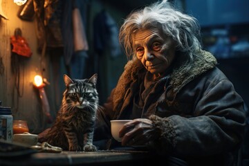 Within her disorderly and humble dwelling, a very old, unkempt woman with silver hair shares her space with her cat, both in shabby attire - obrazy, fototapety, plakaty