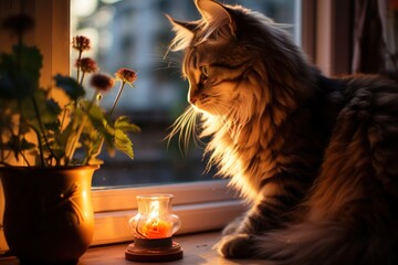 A cat sits on a windowsill in an apartment, illuminated by the light of a nearby candle next to a vase of flowers - 672516752