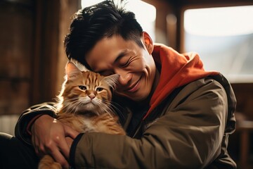 A warmly dressed Asian man cuddles his adored red cat, sharing a heartwarming connection