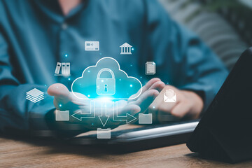 Cybersecurity protection and cloud computing system concept, Businessman shows the privacy cloud icon in hand and uses tablet management data, Secure and up-to-date data collection internet network